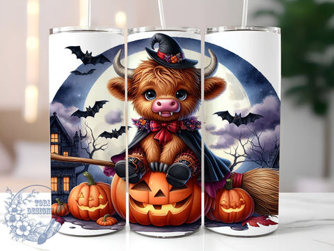 Halloween Highland Cow 20oz Skinny Tumbler PNG, Cute Highland Cow Tumbler Sublimation Wrap, Straight & Tapered Tumbler Wrap, Instant Digital Download Sublimation ToriDesigns 