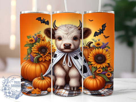 Halloween Highland Cow 20oz Skinny Tumbler PNG, Scary Cute Cow Tumbler Sublimation Wrap, Straight & Tapered Tumbler Wrap, Instant Digital Download Sublimation ToriDesigns 