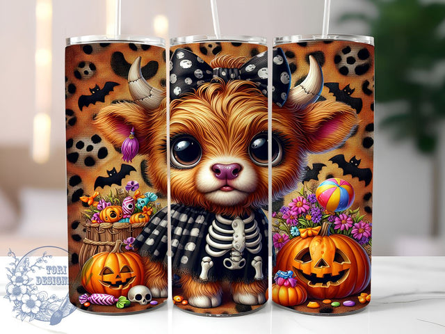 Halloween Highland Cow 20oz Skinny Tumbler PNG, Skeleton Halloween Tumbler Sublimation Wrap, Straight & Tapered Tumbler Wrap, Instant Digital Download Sublimation ToriDesigns 