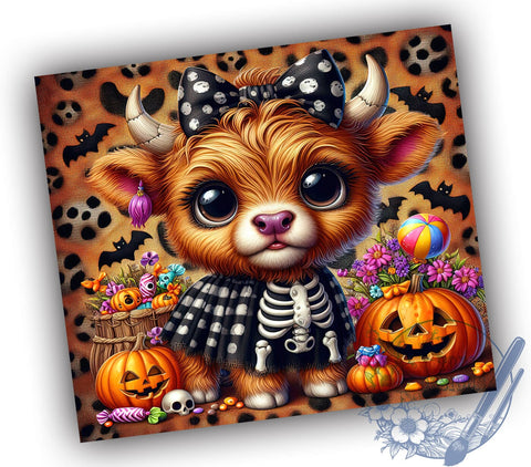 Halloween Highland Cow 20oz Skinny Tumbler PNG, Skeleton Halloween Tumbler Sublimation Wrap, Straight & Tapered Tumbler Wrap, Instant Digital Download Sublimation ToriDesigns 