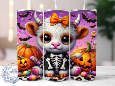 Halloween Highland Cow 20oz Skinny Tumbler PNG, Skeleton Halloween Tumbler Sublimation Wrap, Straight & Tapered Tumbler Wrap, Instant Digital Download Sublimation ToriDesigns 