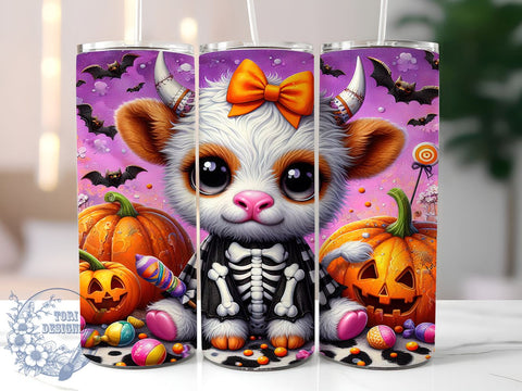 Halloween Highland Cow 20oz Skinny Tumbler PNG, Skeleton Halloween Tumbler Sublimation Wrap, Straight & Tapered Tumbler Wrap, Instant Digital Download Sublimation ToriDesigns 