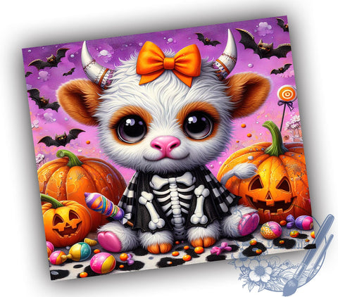 Halloween Highland Cow 20oz Skinny Tumbler PNG, Skeleton Halloween Tumbler Sublimation Wrap, Straight & Tapered Tumbler Wrap, Instant Digital Download Sublimation ToriDesigns 