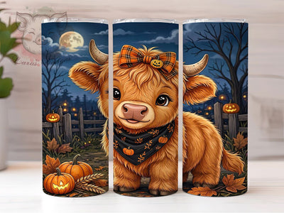 Halloween Highland Cow 20oz Tumbler, Highland Cow Motif, Halloween Theme, Spooky Accent, Festive Charm, Whimsical Style, Sublimation Wrap, 20oz Tumbler Sublimation Lara' s Designs 