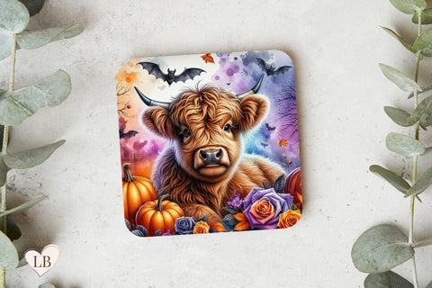 Halloween Highland Cow Coaster, Highland Cow Square Coaster PNG Sublimation BijouBay 
