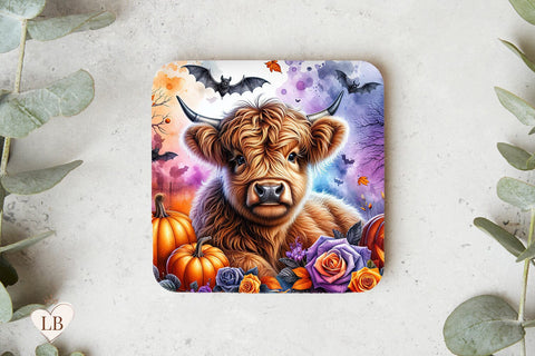 Halloween Highland Cow Coaster, Highland Cow Square Coaster PNG Sublimation BijouBay 
