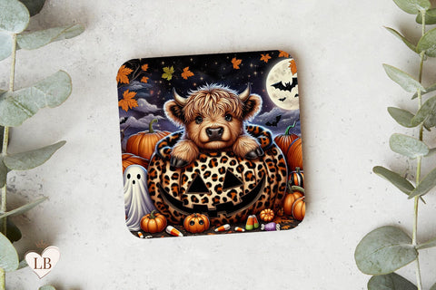 Halloween Highland Cow Coaster, Pumpkin Square Design PNG Sublimation BijouBay 
