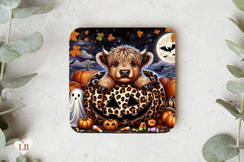 Halloween Highland Cow Coaster, Pumpkin Square Design PNG Sublimation BijouBay 