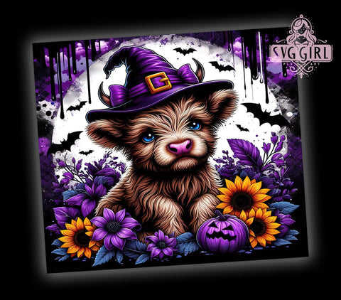 Halloween Highland Cow Dark Purple Sunflowers Witch Hat Pumpkin 20oz Tumbler Wrap Sublimation Design, Straight Tapered Tumbler Wrap, Highland Cow Tumbler Png, Instant Digital Download Sublimation SvggirlplusArt 