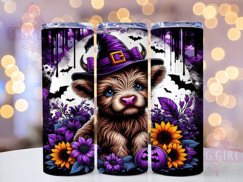 Halloween Highland Cow Dark Purple Sunflowers Witch Hat Pumpkin 20oz Tumbler Wrap Sublimation Design, Straight Tapered Tumbler Wrap, Highland Cow Tumbler Png, Instant Digital Download Sublimation SvggirlplusArt 