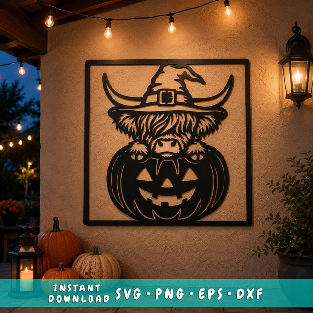 Halloween Highland Cow Laser SVG | Witch Hat Cow | Jack O Lantern | Pumpkin Metal Art | CNC Plasma DXF | Halloween Wall Decor SVG HappyDesignStudio 