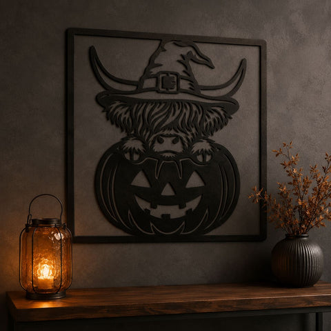 Halloween Highland Cow Laser SVG | Witch Hat Cow | Jack O Lantern | Pumpkin Metal Art | CNC Plasma DXF | Halloween Wall Decor SVG HappyDesignStudio 