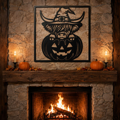 Halloween Highland Cow Laser SVG | Witch Hat Cow | Jack O Lantern | Pumpkin Metal Art | CNC Plasma DXF | Halloween Wall Decor SVG HappyDesignStudio 