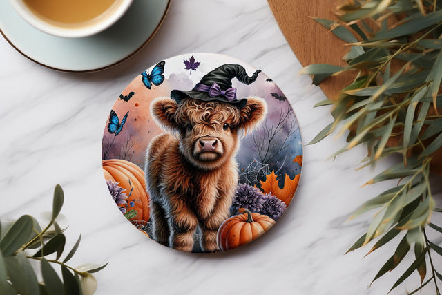 Halloween Highland Cow Round Coaster Sublimation PNG Sublimation BijouBay 