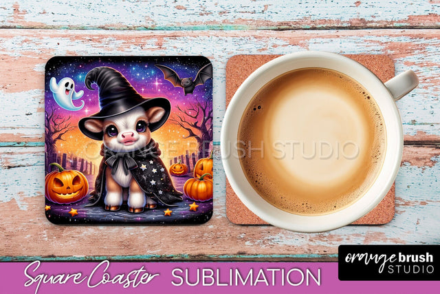 Halloween Highland Cow Square Coaster, Cute Baby Cow Coaster Sublimation OrangeBrushStudio 
