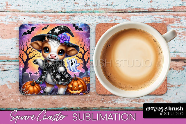 Halloween Highland Cow Square Coaster, Cute Baby Cow Coaster Sublimation OrangeBrushStudio 