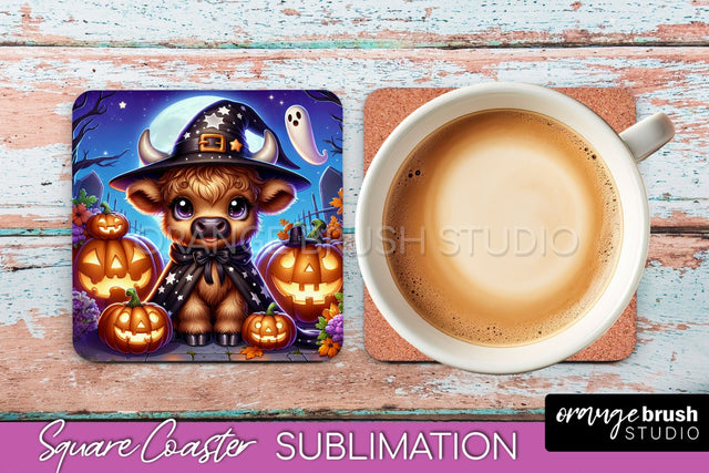 Halloween Highland Cow Square Coaster, Cute Baby Cow Coaster Sublimation OrangeBrushStudio 
