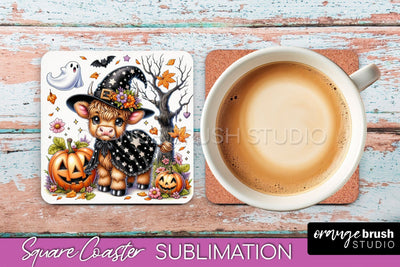 Halloween Highland Cow Square Coaster, Cute Baby Cow Coaster Sublimation OrangeBrushStudio 