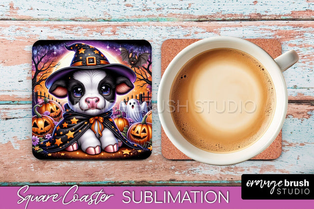 Halloween Highland Cow Square Coaster, Cute Baby Cow Coaster Sublimation OrangeBrushStudio 