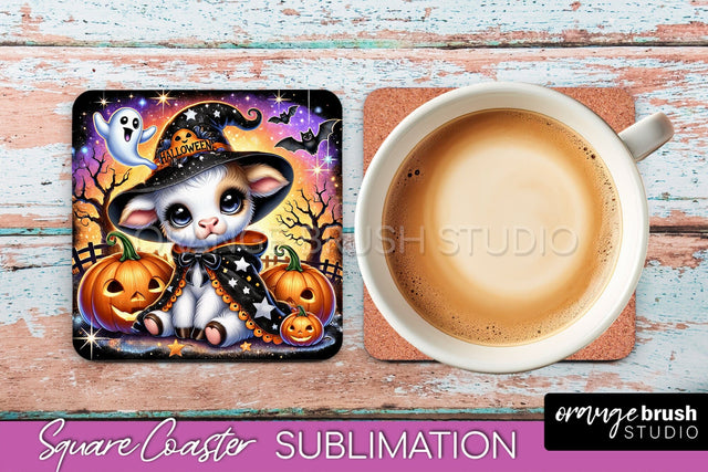 Halloween Highland Cow Square Coaster, Cute Baby Cow Coaster Sublimation OrangeBrushStudio 