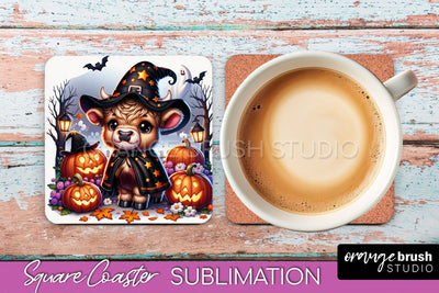 Halloween Highland Cow Square Coaster, Cute Baby Cow Coaster Sublimation OrangeBrushStudio 