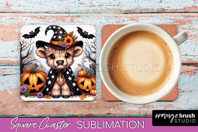 Halloween Highland Cow Square Coaster, Cute Baby Cow Coaster Sublimation OrangeBrushStudio 
