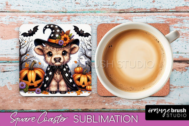 Halloween Highland Cow Square Coaster, Cute Baby Cow Coaster Sublimation OrangeBrushStudio 