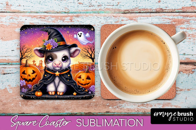 Halloween Highland Cow Square Coaster, Cute Baby Cow Coaster Sublimation OrangeBrushStudio 