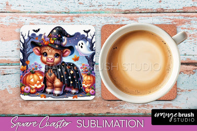 Halloween Highland Cow Square Coaster, Cute Baby Cow Coaster Sublimation OrangeBrushStudio 
