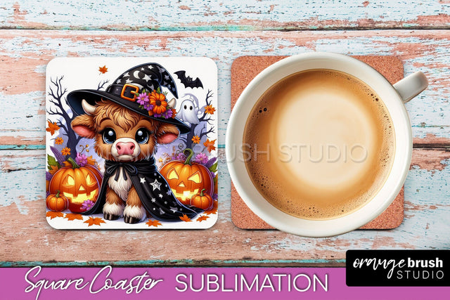 Halloween Highland Cow Square Coaster, Cute Baby Cow Coaster Sublimation OrangeBrushStudio 