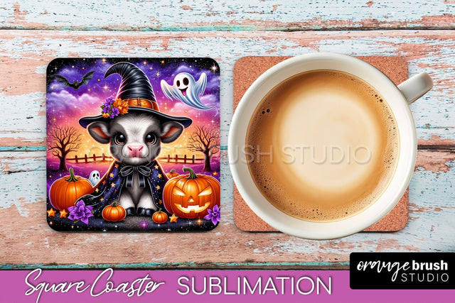 Halloween Highland Cow Square Coaster, Cute Baby Cow Coaster Sublimation OrangeBrushStudio 