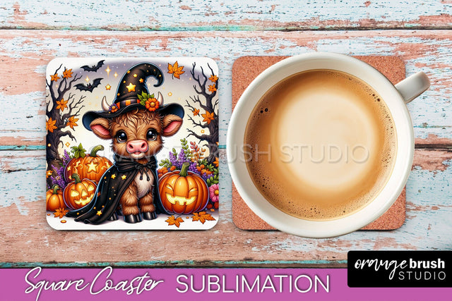 Halloween Highland Cow Square Coaster, Cute Baby Cow Coaster Sublimation OrangeBrushStudio 
