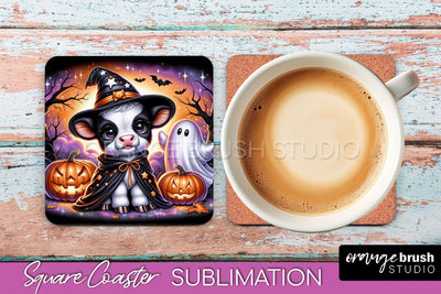 Halloween Highland Cow Square Coaster, Cute Baby Cow Coaster Sublimation OrangeBrushStudio 