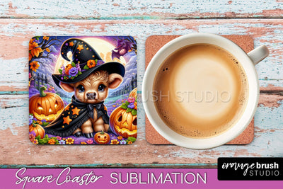 Halloween Highland Cow Square Coaster, Cute Baby Cow Coaster Sublimation OrangeBrushStudio 