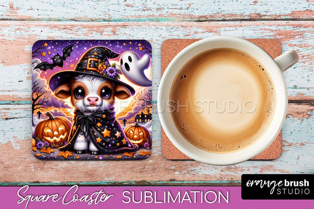 Halloween Highland Cow Square Coaster, Cute Baby Cow Coaster Sublimation OrangeBrushStudio 
