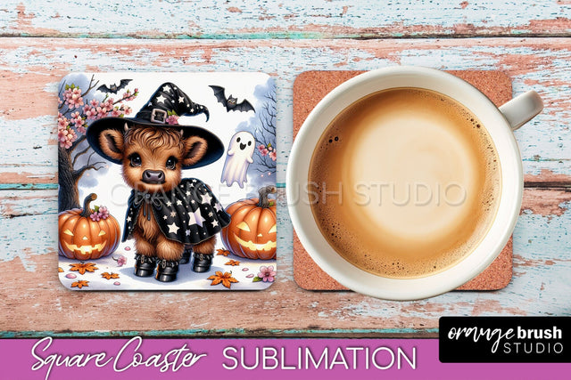 Halloween Highland Cow Square Coaster, Cute Baby Cow Coaster Sublimation OrangeBrushStudio 