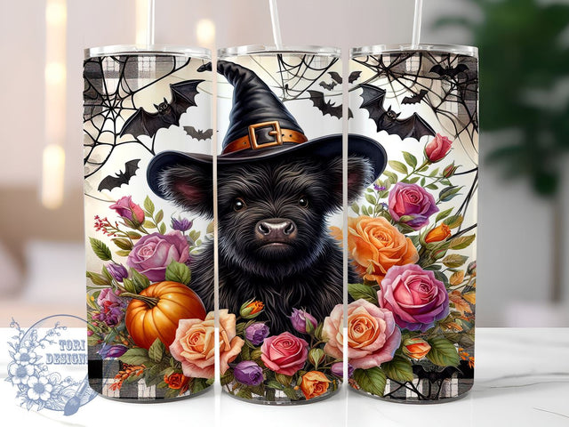 Halloween Highland Cow With Roses 20oz Skinny Tumbler PNG, Highland Cow Tumbler Sublimation Wrap, Straight & Tapered Tumbler Wrap, Instant Digital Download Sublimation ToriDesigns 