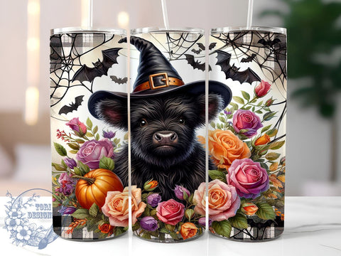 Halloween Highland Cow With Roses 20oz Skinny Tumbler PNG, Highland Cow Tumbler Sublimation Wrap, Straight & Tapered Tumbler Wrap, Instant Digital Download Sublimation ToriDesigns 