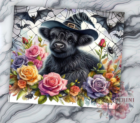 Halloween Highland Cow With Roses 20oz Tumbler Wrap PNG, Highland Cow Tumbler PNG Sublimation Design, Straight & Tapered Tumbler Wrap, Instant Digital Download Sublimation Li Zamperini 