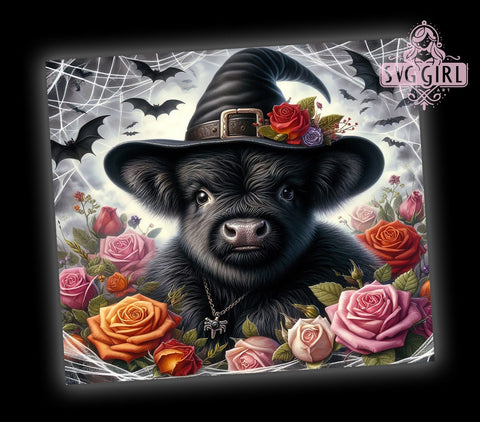 Halloween Highland Cow With Roses 20oz Tumbler Wrap Sublimation Design, Straight Tapered Tumbler Wrap, Black Highland Cow Tumbler Png, Instant Digital Download Sublimation SvggirlplusArt 