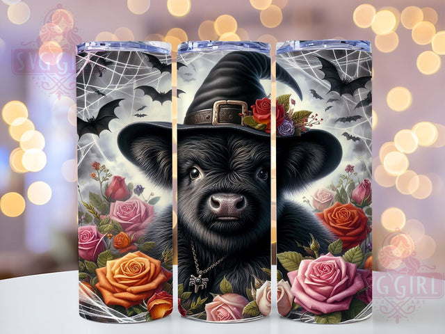 Halloween Highland Cow With Roses 20oz Tumbler Wrap Sublimation Design, Straight Tapered Tumbler Wrap, Black Highland Cow Tumbler Png, Instant Digital Download Sublimation SvggirlplusArt 