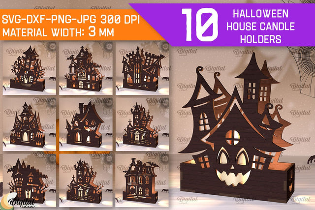 Halloween House Candle Holders Laser Cut Bundle SVG Evgenyia Guschina 