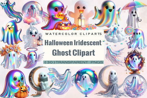 Halloween Iridescent Ghost Clipart Bundle. Sublimation SVGArt 