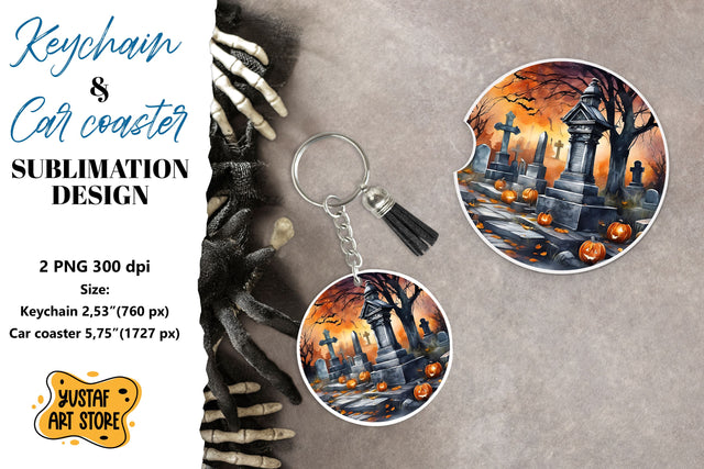 Halloween Keychain & Car coaster sublimation. Scary Cemetery Sublimation Yustaf Art Store 