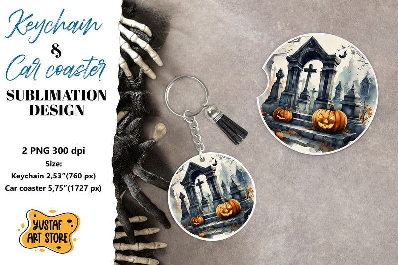 Halloween Keychain & Car coaster sublimation. Scary Cemetery Sublimation Yustaf Art Store 