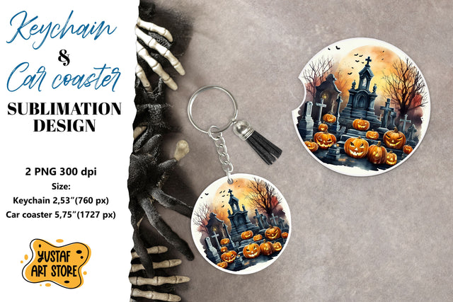 Halloween Keychain & Car coaster sublimation. Scary Cemetery Sublimation Yustaf Art Store 