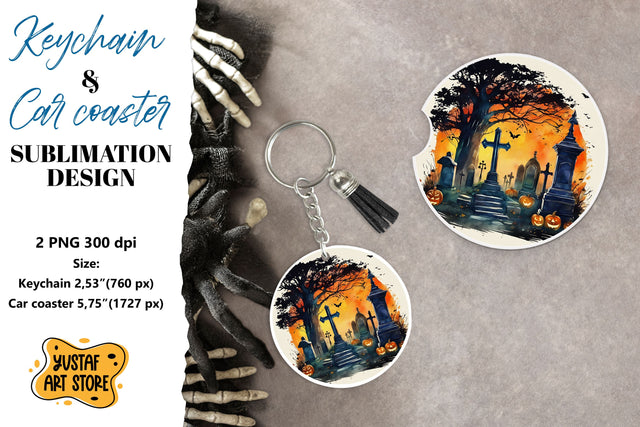 Halloween Keychain & Car coaster sublimation. Scary Cemetery Sublimation Yustaf Art Store 