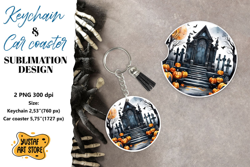 Halloween Keychain & Car coaster sublimation. Scary Cemetery Sublimation Yustaf Art Store 