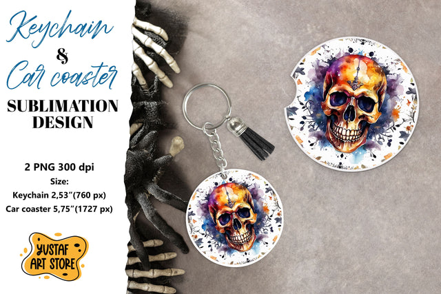 Halloween Keychain & Car coaster sublimation. Skull design Sublimation Yustaf Art Store 