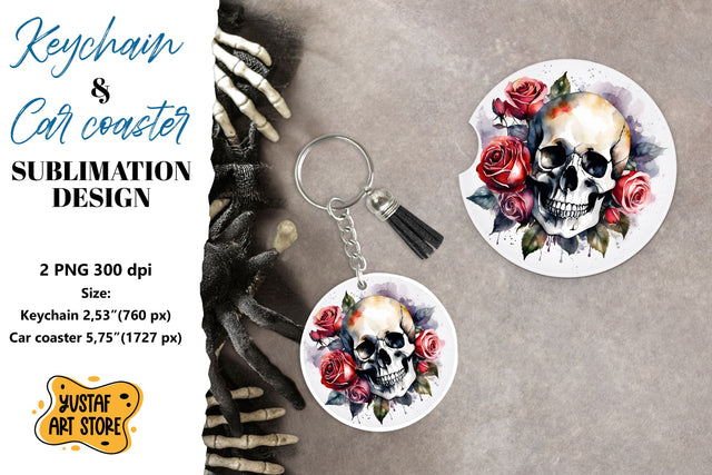 Halloween Keychain & Car coaster sublimation. Skull design Sublimation Yustaf Art Store 